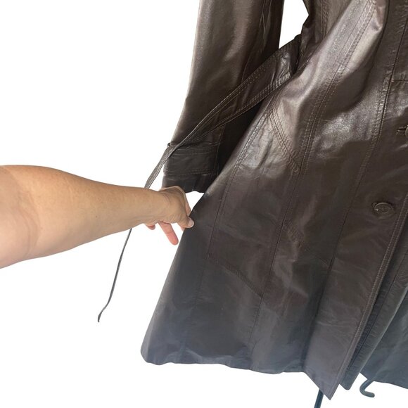 Imperial Vintage Womens Trench Coat Size 10 Brown Glossy Leather Belted - Picture 6 of 13